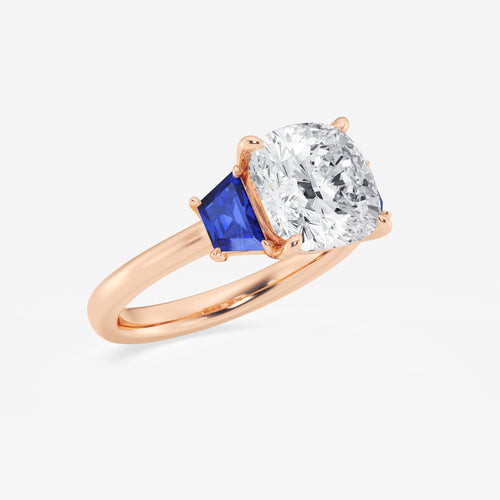 Camellia 4 ctw Cushion Lab Grown Diamond and 5.5x3.3x2.2 mm Trapezoid Created Sapphire Three-Stone Ring 14K Rose Gold, E, VS1 | IGI Certified, 4 ct Center