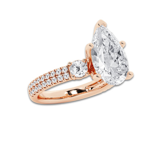 5.96 ctw Pear Lab-Grown Diamond Three Stone Double Row Engagement Ring in 14K Rose Gold for Women | D Color, VVS1 Clarity, IGI Certified 5.00 ct Center Diamond