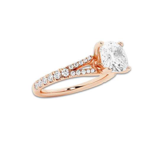 2.33 ctw Cushion Lab-Grown Diamond Split Shank Side Stone Engagement Ring in 14K Rose Gold for Women | Colorless E, VS1 Clarity, IGI Certified 2.00 ct Center Diamond