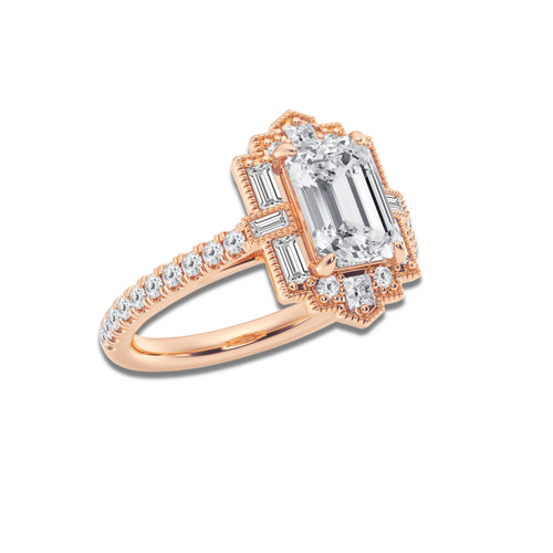 Cleopatra 2 2/3 ctw Multi-Shape Lab Grown Diamond Vintage Inspired Art Deco Engagement Ring 14K Rose Gold, D, VVS | IGI Certified, 2 ct Center