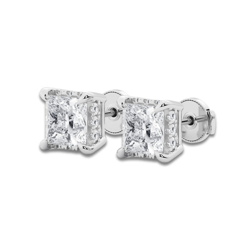4 ctw Princess Lab Grown Diamond Hidden Halo Stud Earrings 14K White Gold, G, VS1 | IGI Certified