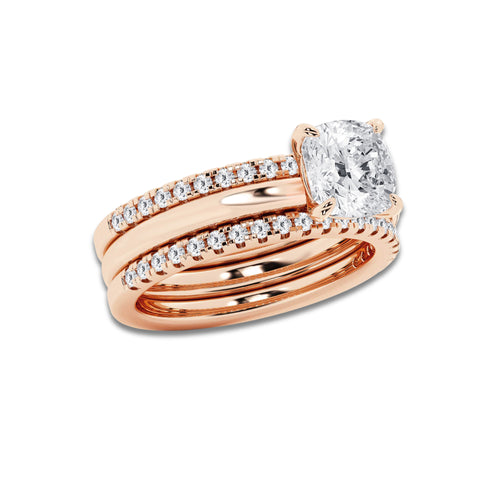 Eternal 2 1/2 ctw Cushion Lab Grown Diamond Double Band Bridal Set 14K Rose Gold, D, VVS | IGI Certified, 2 ct Center
