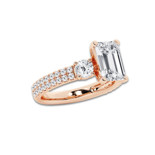 4.00 ctw Emerald Lab-Grown Diamond Three Stone Double Row Engagement Ring in 14K Rose Gold for Women | E Color, VS1 Clarity, IGI Certified 3.00 ct Center Diamond