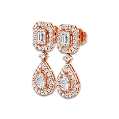 4 ctw Emerald and Pear Lab Grown Diamond Dangle Earrings 14K Rose Gold, DE, VS1