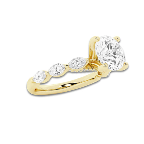 2.98 ctw Round Lab-Grown Diamond Marquise Side Stone Engagement Ring in 14K Yellow Gold for Women | Colorless D, VVS1 Clarity, IGI Certified 2.50 ct Center Diamond