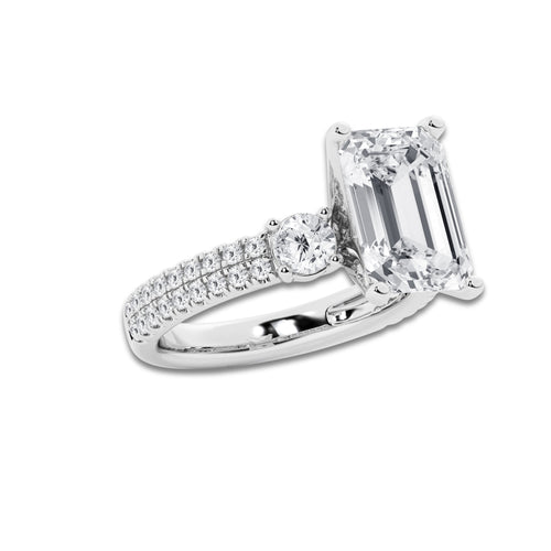 5.96 ctw Emerald Lab-Grown Diamond Three Stone Double Row Engagement Ring in 14K White Gold for Women | E Color, VS1 Clarity, IGI Certified 5.00 ct Center Diamond