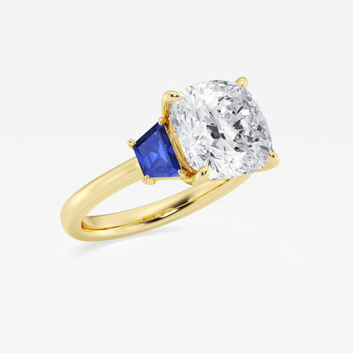Camellia 5 ctw Cushion Lab Grown Diamond and 5.5x3.3x2.2 mm Trapezoid Created Sapphire Three-Stone Ring 14K Yellow Gold, E, VS1 | IGI Certified, 5 ct Center