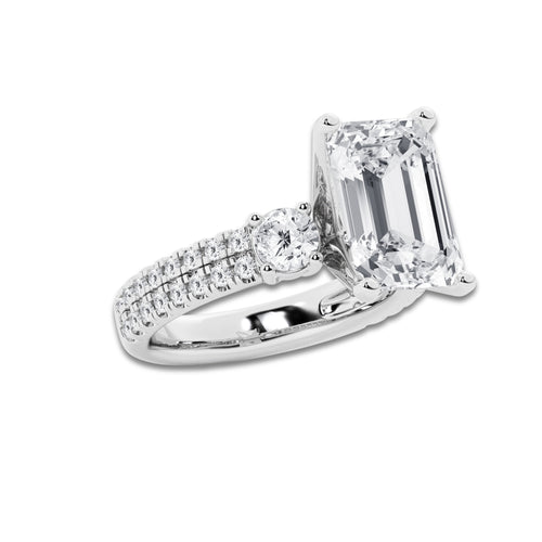 6.96 ctw Emerald Lab-Grown Diamond Three Stone Double Row Engagement Ring in 14K White Gold for Women | D Color, VVS1 Clarity, IGI Certified 6.00 ct Center Diamond