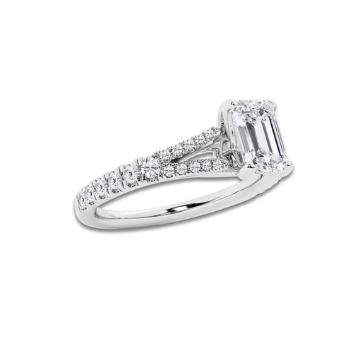 1.08 ctw Emerald Lab-Grown Diamond Split Shank Side Stone Engagement Ring in 14K White Gold for Women | Colorless E, VS1 Clarity, IGI Certified 0.75 ct Center Diamond
