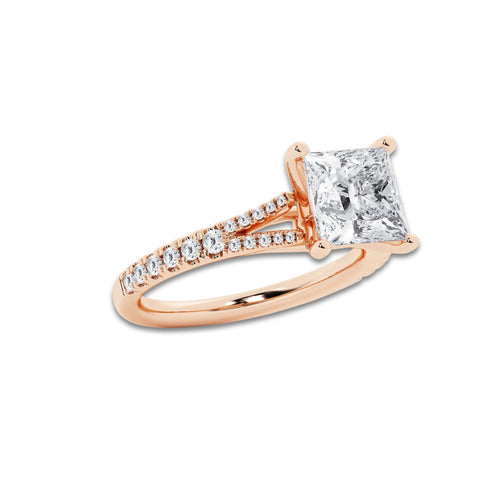 2.83 ctw Princess Lab-Grown Diamond Split Shank Side Stone Engagement Ring in 14K Rose Gold for Women | Colorless E, VS1 Clarity, IGI Certified 2.50 ct Center Diamond