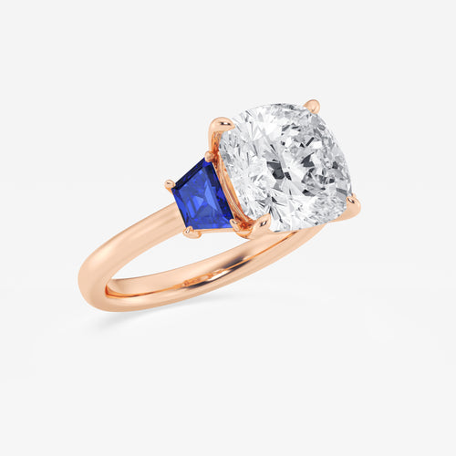 Camellia 5 ctw Cushion Lab Grown Diamond and 5.5x3.3x2.2 mm Trapezoid Created Sapphire Three-Stone Ring 14K Rose Gold, E, VS1 | IGI Certified, 5 ct Center