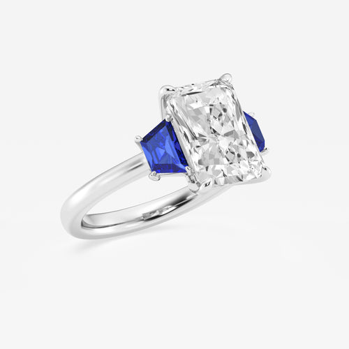 Camellia 4 ctw Radiant Lab Grown Diamond and 5.5x3.3x2.2 mm Trapezoid Created Sapphire Three-Stone Ring Platinum, E, VS1 | IGI Certified, 4 ct Center