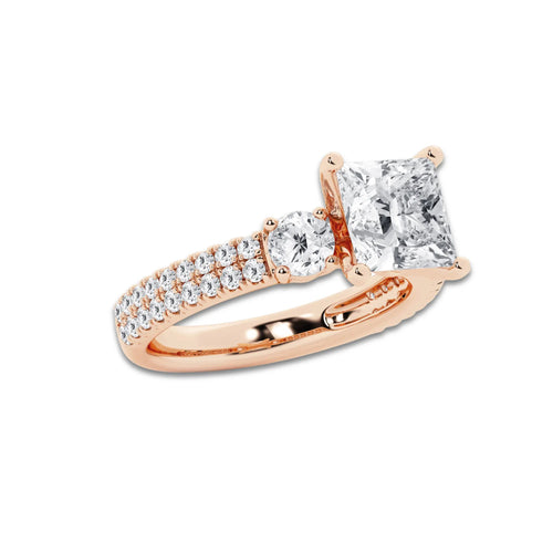 3.50 ctw Princess Lab-Grown Diamond Three Stone Double Row Engagement Ring in 14K Rose Gold for Women | E Color, VS1 Clarity, IGI Certified 2.50 ct Center Diamond