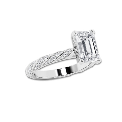 3.92 ctw Emerald Lab-Grown Diamond Twisted Band Engagement Ring in 14K White Gold for Women | Colorless E, VS1 Clarity, IGI Certified 3.50 ct Center Diamond