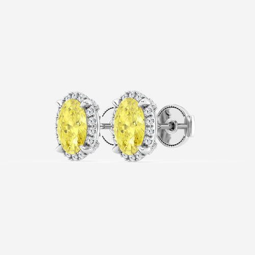 2 1/4 ctw Oval Lab Grown Diamond Fancy Yellow Shadow Halo Stud Earrings 14K White Gold