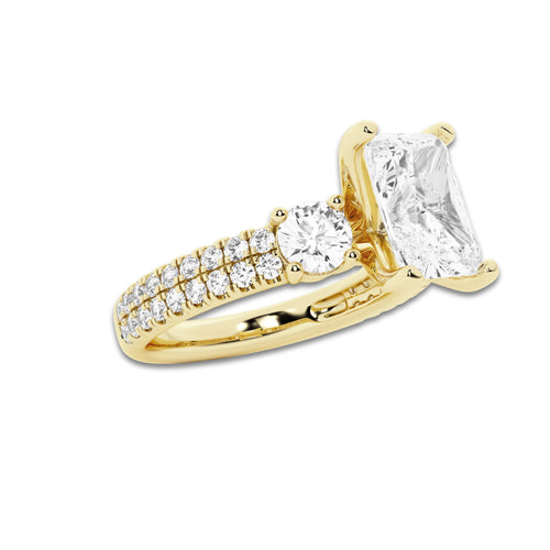 1.75 ctw Radiant Lab-Grown Diamond Three Stone Double Row Engagement Ring in 14K Yellow Gold for Women | D Color, VVS1 Clarity, IGI Certified 1.00 ct Center Diamond