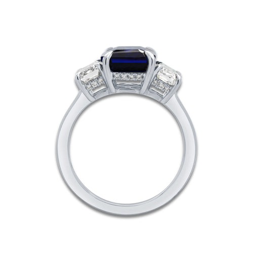 Freesia 10X8mm Emerald Cut Created Sapphire and 1 7/8 ctw Round Lab Grown Diamond Three-Stone Engagement Ring 14K White Gold