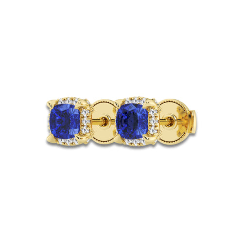 7.0x7.0 mm Cushion Cut Created Sapphire and 1/3 ctw Round Lab Grown Diamond Shadow Halo Stud Earrings 14K Yellow Gold