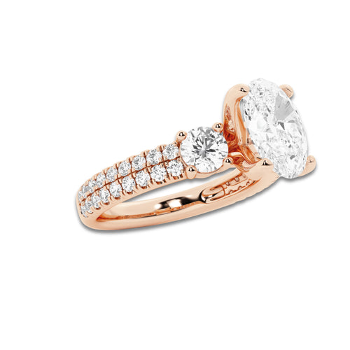 1.75 ctw Oval Lab-Grown Diamond Three Stone Double Row Engagement Ring in 14K Rose Gold for Women | D Color, VVS1 Clarity, IGI Certified 1.00 ct Center Diamond