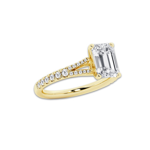 3.33 ctw Emerald Lab-Grown Diamond Split Shank Side Stone Engagement Ring in 14K Yellow Gold for Women | Colorless E, VS1 Clarity, IGI Certified 3.00 ct Center Diamond