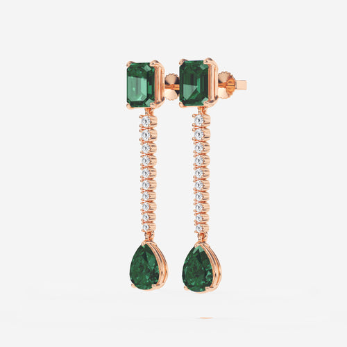 9X7mm Emerald Cut, 10x8mm Pear Cut Created Emerald and 3/4 ctw Round Lab Grown Diamond Linear Earrings 14K Rose Gold