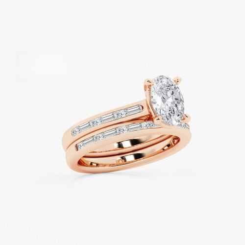 Synergy 2 1/4 ctw Oval Lab Grown Diamond Baguette and Princess Side Stone Bridal Set 14K Rose Gold, E, VS1 | IGI Certified, 1 1/2 ct Center