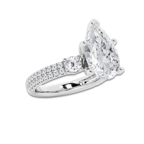 5.96 ctw Pear Lab-Grown Diamond Three Stone Double Row Engagement Ring in 14K White Gold for Women | D Color, VVS1 Clarity, IGI Certified 5.00 ct Center Diamond
