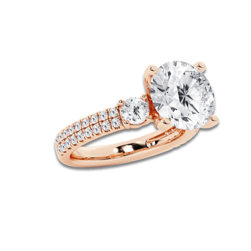 5.96 ctw Round Lab-Grown Diamond Three Stone Double Row Engagement Ring in 14K Rose Gold for Women | E Color, VS1 Clarity, IGI Certified 5.00 ct Center Diamond