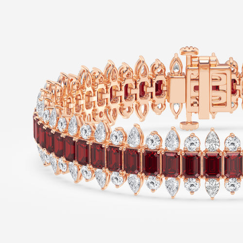 14 1/2 Emerald Cut Created Ruby and Round and Pear Lab Grown Diamond Bracelet - 7 Inches 14K Rose Gold