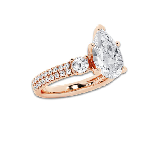 4.46 ctw Pear Lab-Grown Diamond Three Stone Double Row Engagement Ring in 14K Rose Gold for Women | E Color, VS1 Clarity, IGI Certified 3.50 ct Center Diamond