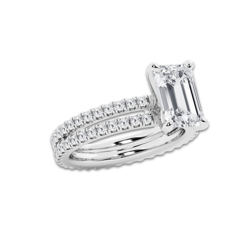3.89 ctw Emerald Lab-Grown Diamond Double Row Diamond Engagement Ring in 14K White Gold for Women | Colorless D, VVS1 Clarity, IGI Certified 3.00 ct Center Diamond
