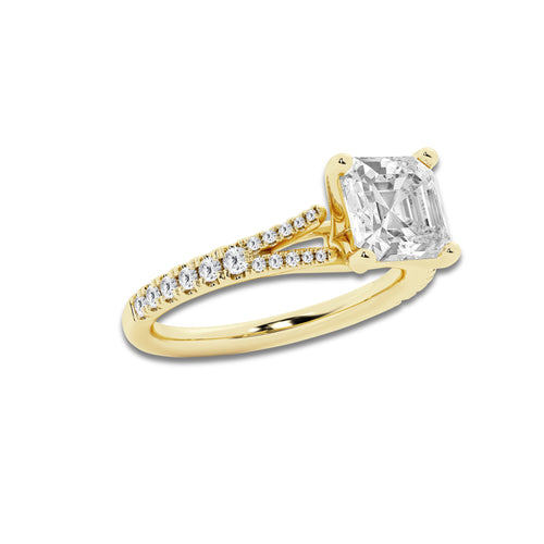 2.83 ctw Asscher Lab-Grown Diamond Split Shank Side Stone Engagement Ring in 14K Yellow Gold for Women | Colorless D, VVS1 Clarity, IGI Certified 2.50 ct Center Diamond