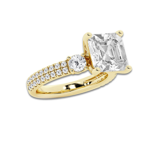 5.96 ctw Asscher Lab-Grown Diamond Three Stone Double Row Engagement Ring in 14K Yellow Gold for Women | D Color, VVS1 Clarity, IGI Certified 5.00 ct Center Diamond