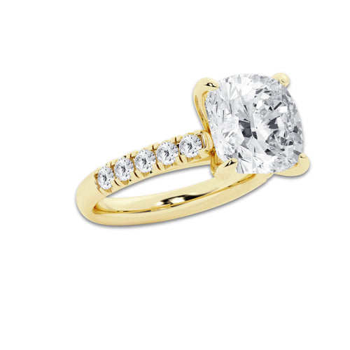 7.55 ctw Cushion Lab-Grown Diamond Pave Engagement Ring in 14K Yellow Gold for Women | E Color, VS1 Clarity, IGI Certified 7.00 ct Center Diamond