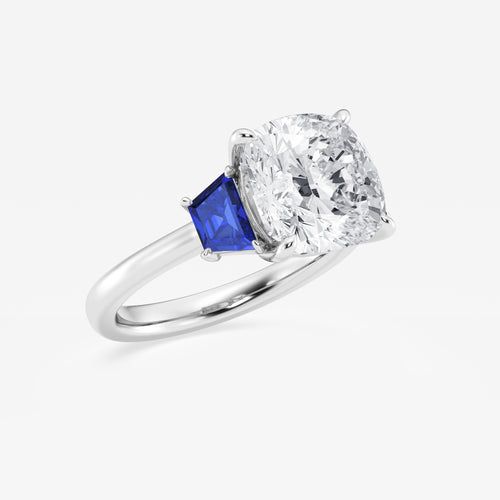 Camellia 5 ctw Cushion Lab Grown Diamond and 5.5x3.3x2.2 mm Trapezoid Created Sapphire Three-Stone Ring Platinum, E, VS1 | IGI Certified, 5 ct Center