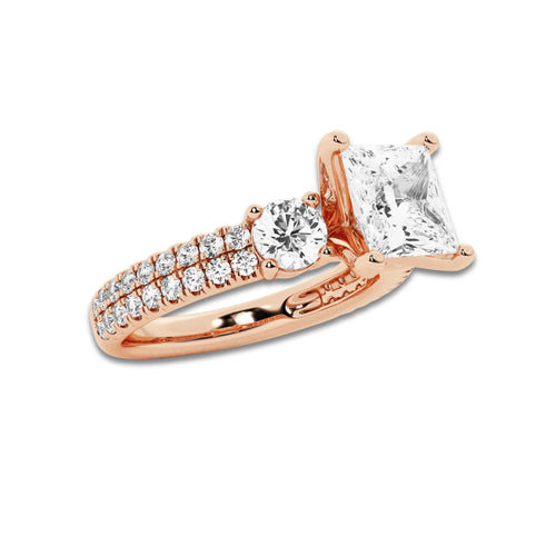 2.25 ctw Princess Lab-Grown Diamond Three Stone Double Row Engagement Ring in 14K Rose Gold for Women | E Color, VS1 Clarity, IGI Certified 1.50 ct Center Diamond