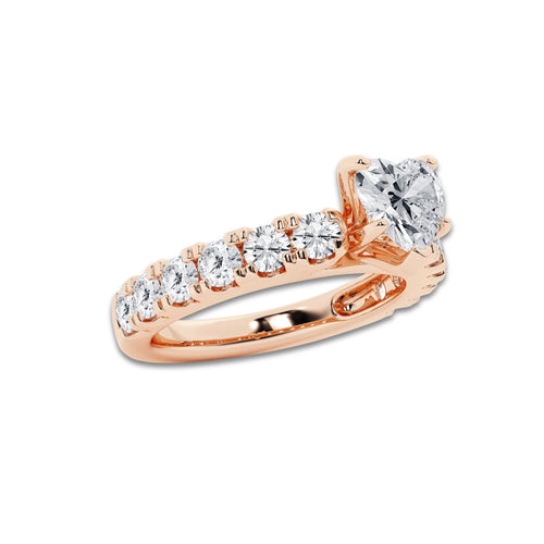 2.00 ctw Heart Lab-Grown Diamond Split-Prong Set Side Stone Engagement Ring in 14K Rose Gold for Women | Colorless E, VS1 Clarity, IGI Certified 1.00 ct Center Diamond