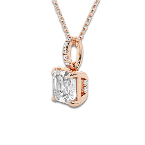 1 1/2 ctw Asscher Lab Grown Diamond Hidden Halo with Diamond Bail Pendant 14K Rose Gold, E, VS1 | IGI Certified, 1 1/2 ct Center