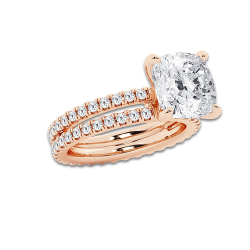 6.22 ctw Cushion Lab-Grown Diamond Double Row Diamond Engagement Ring in 14K Rose Gold for Women | Colorless D, VVS1 Clarity, IGI Certified 5.00 ct Center Diamond
