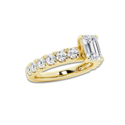 2.00 ctw Emerald Lab-Grown Diamond Split-Prong Set Side Stone Engagement Ring in 14K Yellow Gold for Women | Colorless D, VVS1 Clarity, IGI Certified 1.00 ct Center Diamond
