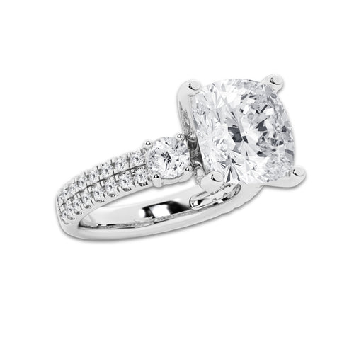 8.96 ctw Cushion Lab-Grown Diamond Three Stone Double Row Engagement Ring in 14K White Gold for Women | E Color, VS1 Clarity, IGI Certified 8.00 ct Center Diamond