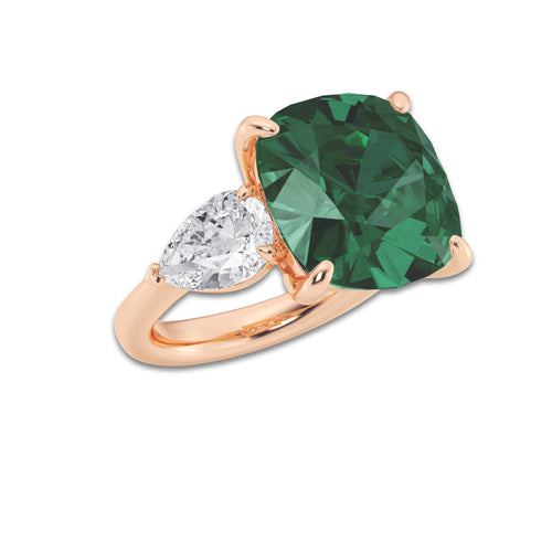 Peony 14 1/2 ctw Cushion Cut Emerald and Pear Lab Grown Diamond Three Stone Engagement Ring 14K Rose Gold | 12 1/2 ct Center