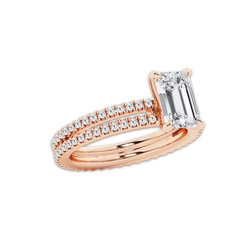 2.69 ctw Emerald Lab-Grown Diamond Double Row Diamond Engagement Ring in 14K Rose Gold for Women | Colorless D, VVS1 Clarity, IGI Certified 2.00 ct Center Diamond
