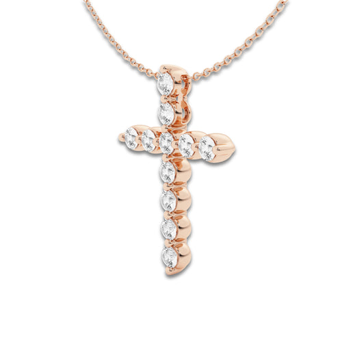 1 ctw Round Lab Grown Diamond Cross Pendant with Adjustable Chain 14K Rose Gold, DE, VS1