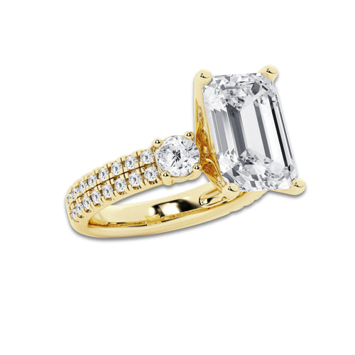 7.96 ctw Emerald Lab-Grown Diamond Three Stone Double Row Engagement Ring in 14K Yellow Gold for Women | D Color, VVS1 Clarity, IGI Certified 7.00 ct Center Diamond