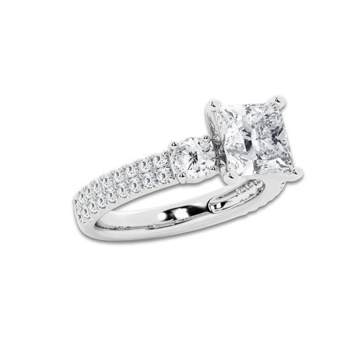 3.50 ctw Princess Lab-Grown Diamond Three Stone Double Row Engagement Ring in 14K White Gold for Women | D Color, VVS1 Clarity, IGI Certified 2.50 ct Center Diamond