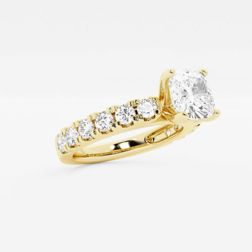 3.00 ctw Cushion Lab-Grown Diamond Split-Prong Set Side Stone Engagement Ring in 14K Yellow Gold for Women | Colorless E, VS1 Clarity, IGI Certified 2.00 ct Center Diamond