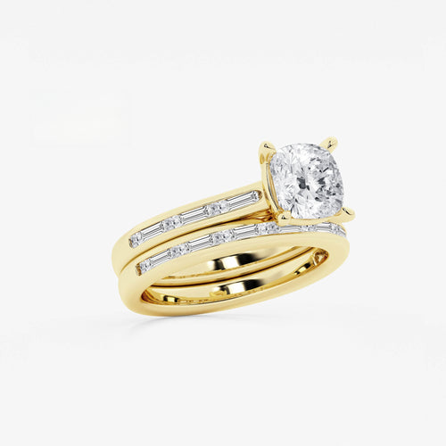 Synergy 2 3/4 ctw Cushion Lab Grown Diamond Baguette and Princess Side Stone Bridal Set 14K Yellow Gold, E, VS1 | IGI Certified, 2 ct Center