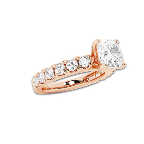 2.50 ctw Cushion Lab-Grown Diamond Split-Prong Set Side Stone Engagement Ring in 14K Rose Gold for Women | Colorless D, VVS1 Clarity, IGI Certified 1.50 ct Center Diamond