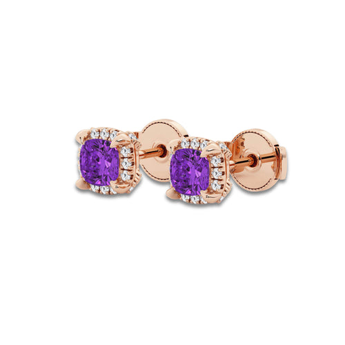 4.6 mm Cushion Cut Created Amethyst and 1/4 ctw Round Lab Grown Diamond Shadow Halo Stud Earrings 14K Rose Gold